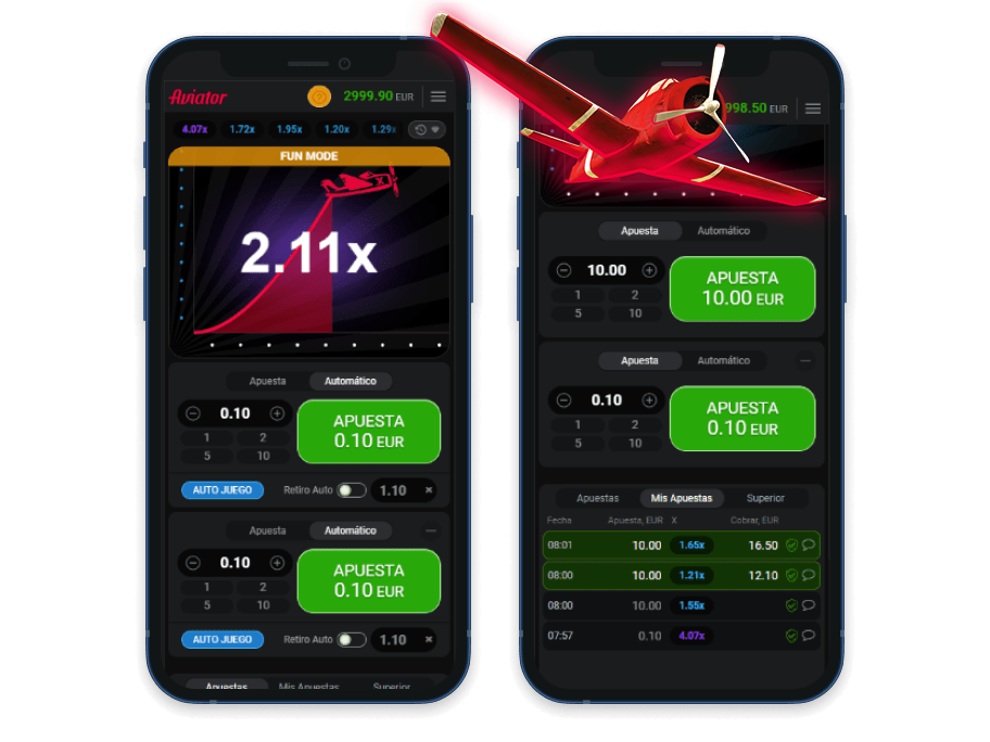 Dos teléfonos móviles que muestran el modo Aviator Demo con opciones de apuestas