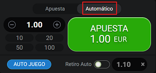 Interfaz de juego de apuestas Aviator con un botón de 'Automático' resaltado en rojo