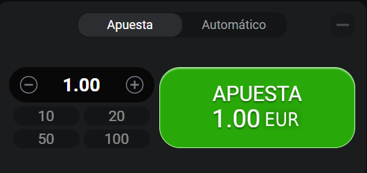 Botón de apuesta mínima resaltado en verde, con 'APUESTA 1 EUR' en una interfaz de Aviator