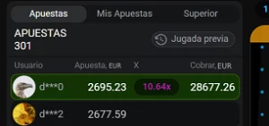 Lista de apuestas previas de usuarios con montos y multiplicadores en un juego Aviator