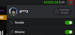 Menú de configuración de usuario en un juego Aviator con opciones de sonido y cambio de avatar