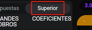 Sección 'Superior' destacada en un menú de juego de apuestas Aviator con un indicador rojo