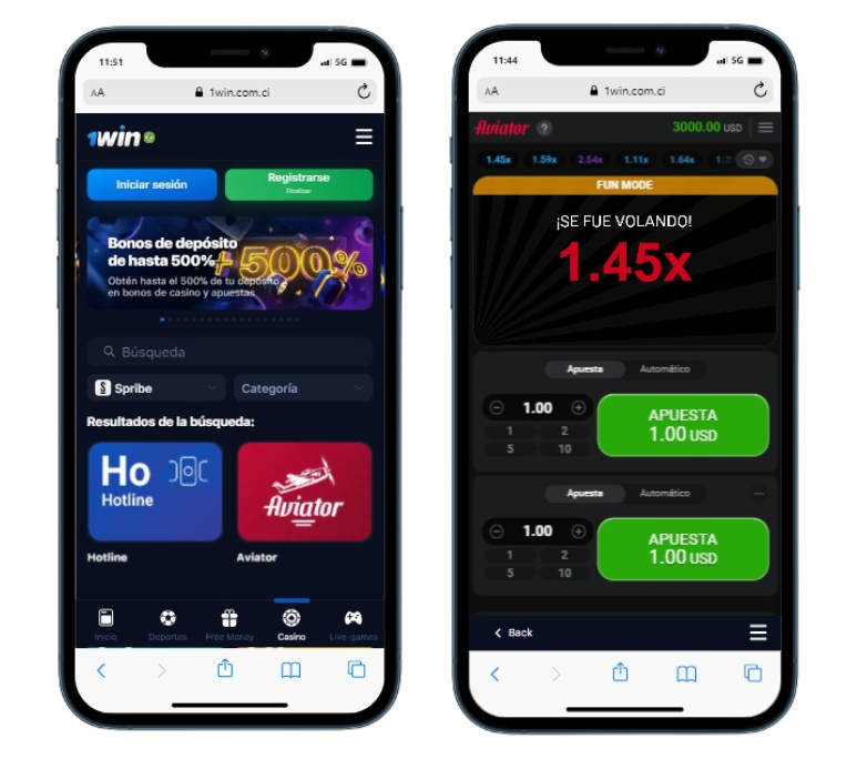 Dos teléfonos inteligentes que muestran la página de inicio del casino 1Win y el modo divertido Aviator