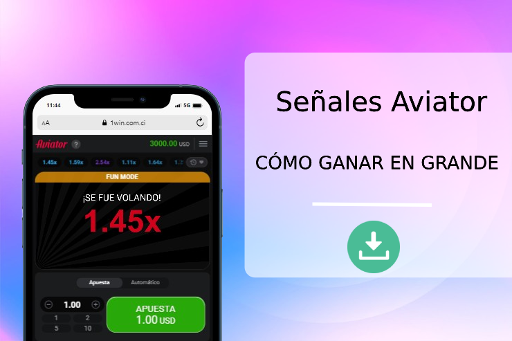 Un teléfono inteligente muestra el juego Aviator con el texto "Señales: Cómo ganar en grande"