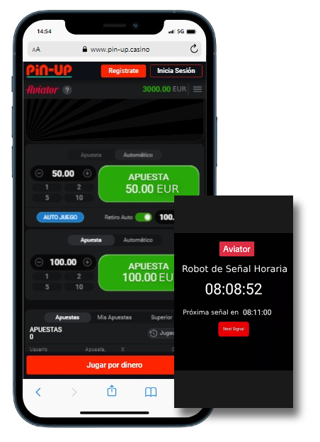 Un teléfono muestra la página del casino con el juego Aviator y una ventana emergente Robot Signal