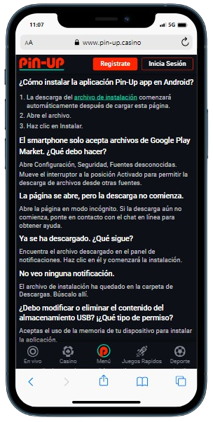 Un teléfono inteligente que muestra la página del casino Pin Up para descargar la aplicación para Android