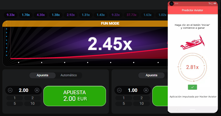 Una captura de pantalla del juego Aviator con una ventana emergente, la aplicación Predictor y el coeficiente